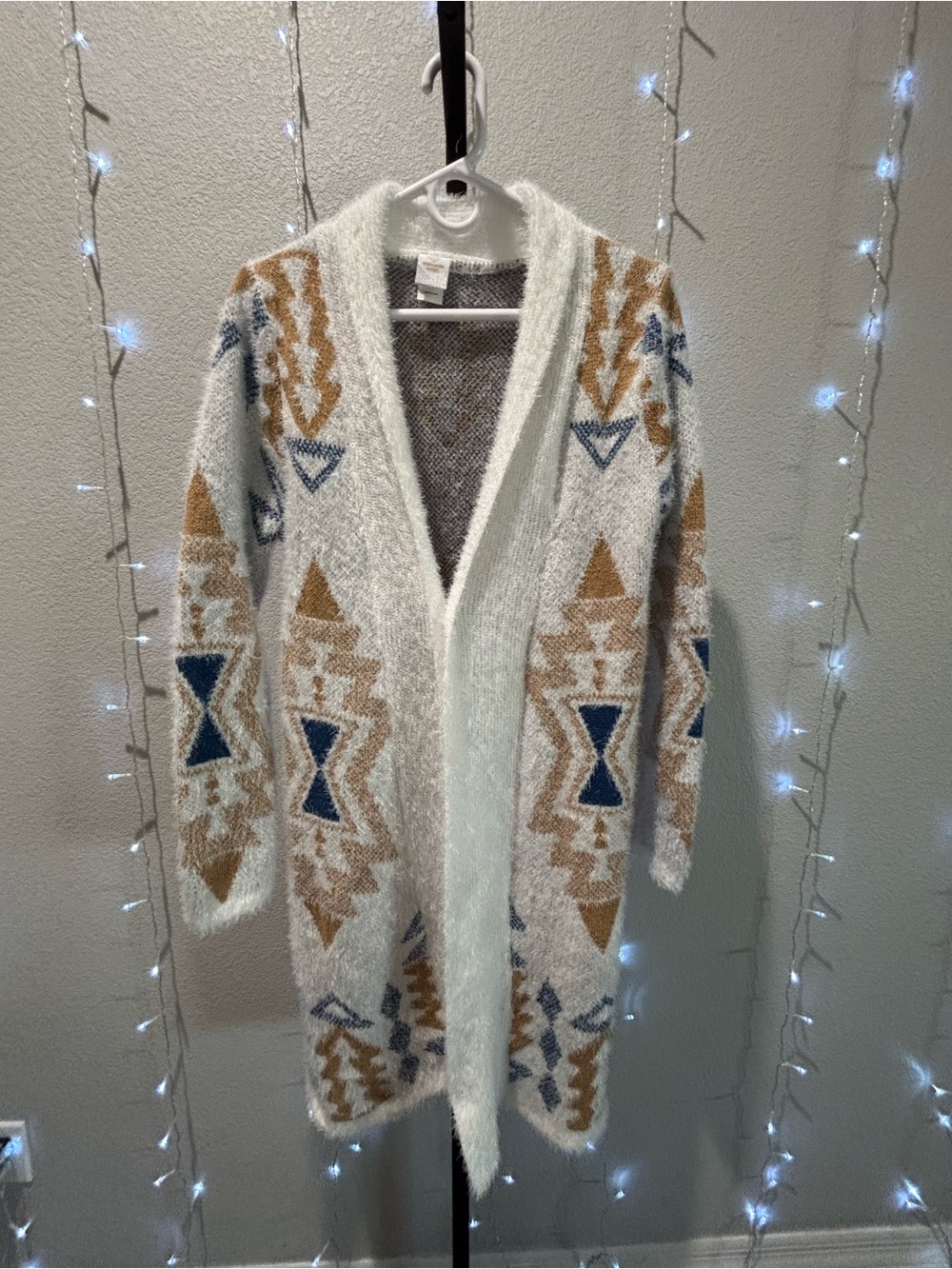 Cozy Geometric Open-Front Cardigan Sweater - Ivory with Tan & Blue